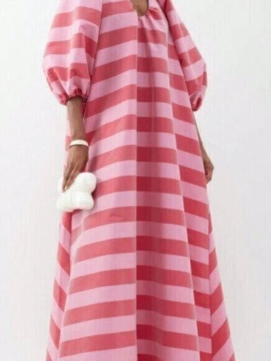 Dresses & Skirts - Pink Red Casual Women's V-Neck Striped Maxi Dress